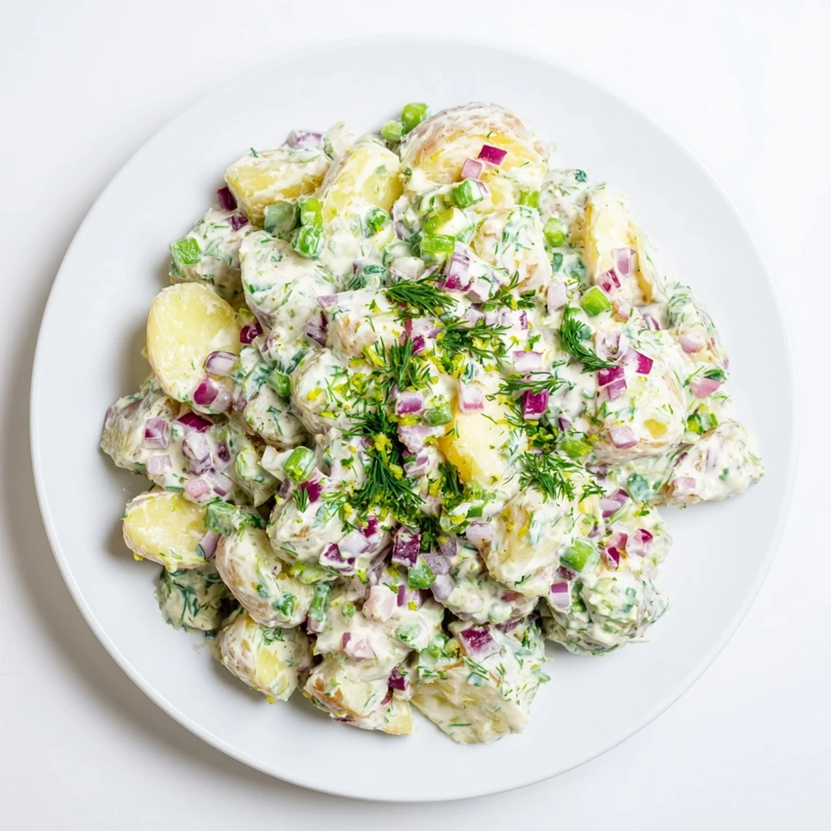 Creamy Greek yogurt potato salad with fresh herbs, crisp celery and red onion chunks on a white serving plate