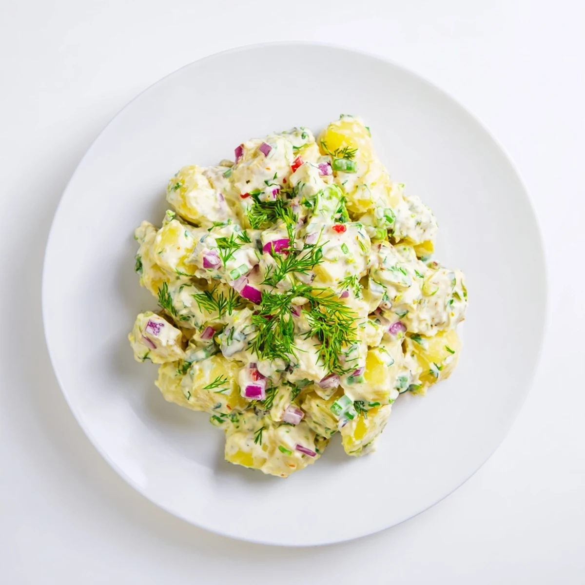 Light and tangy Greek yogurt potato salad featuring tender potatoes, dill, and parsley for summer barbecues
