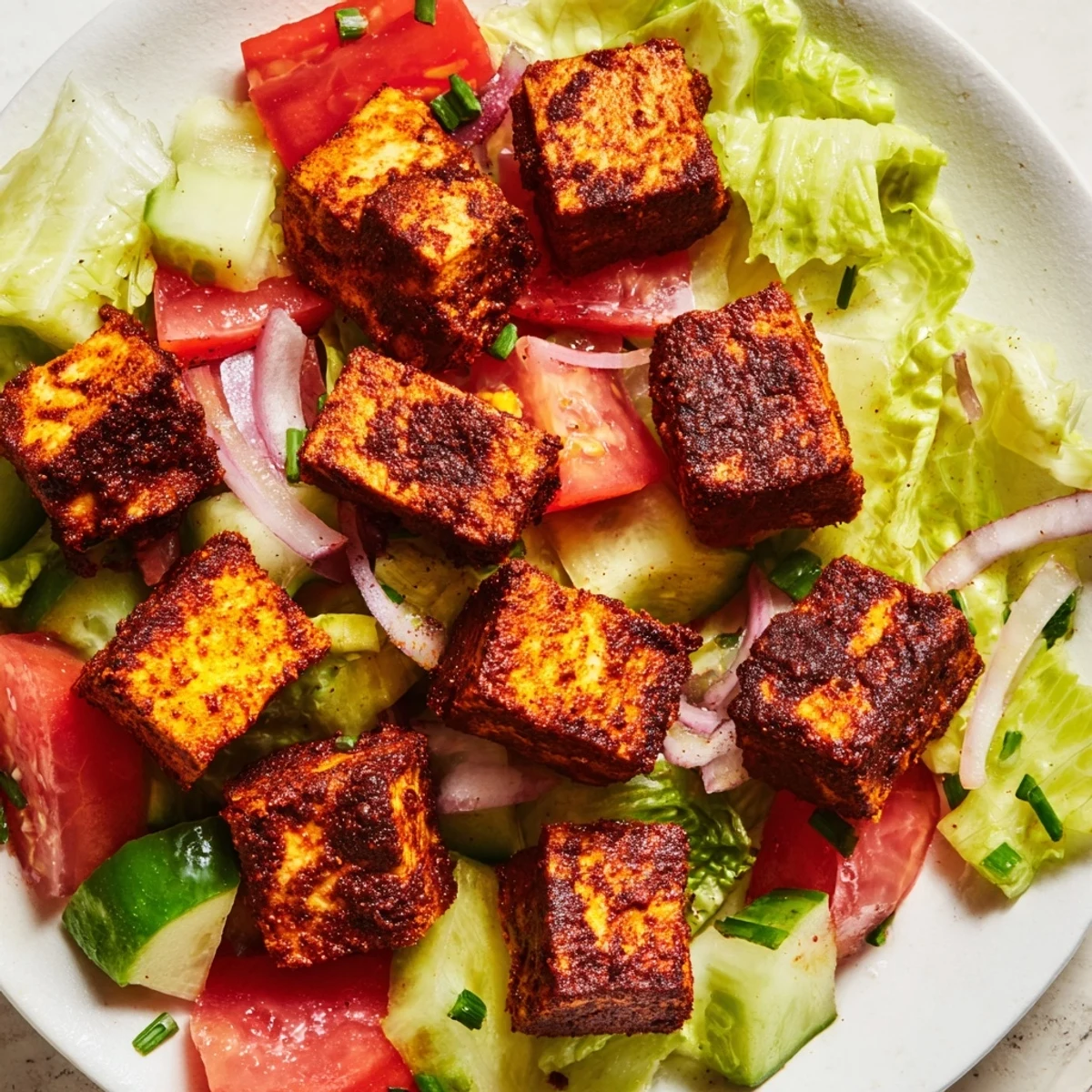 Golden smoky tofu pieces atop crisp romaine lettuce with juicy ripe tomato slices and fresh herbs