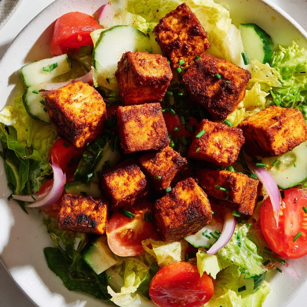 Colorful summer smoky tofu lettuce tomato salad plated with vibrant red onion and cucumber garnish