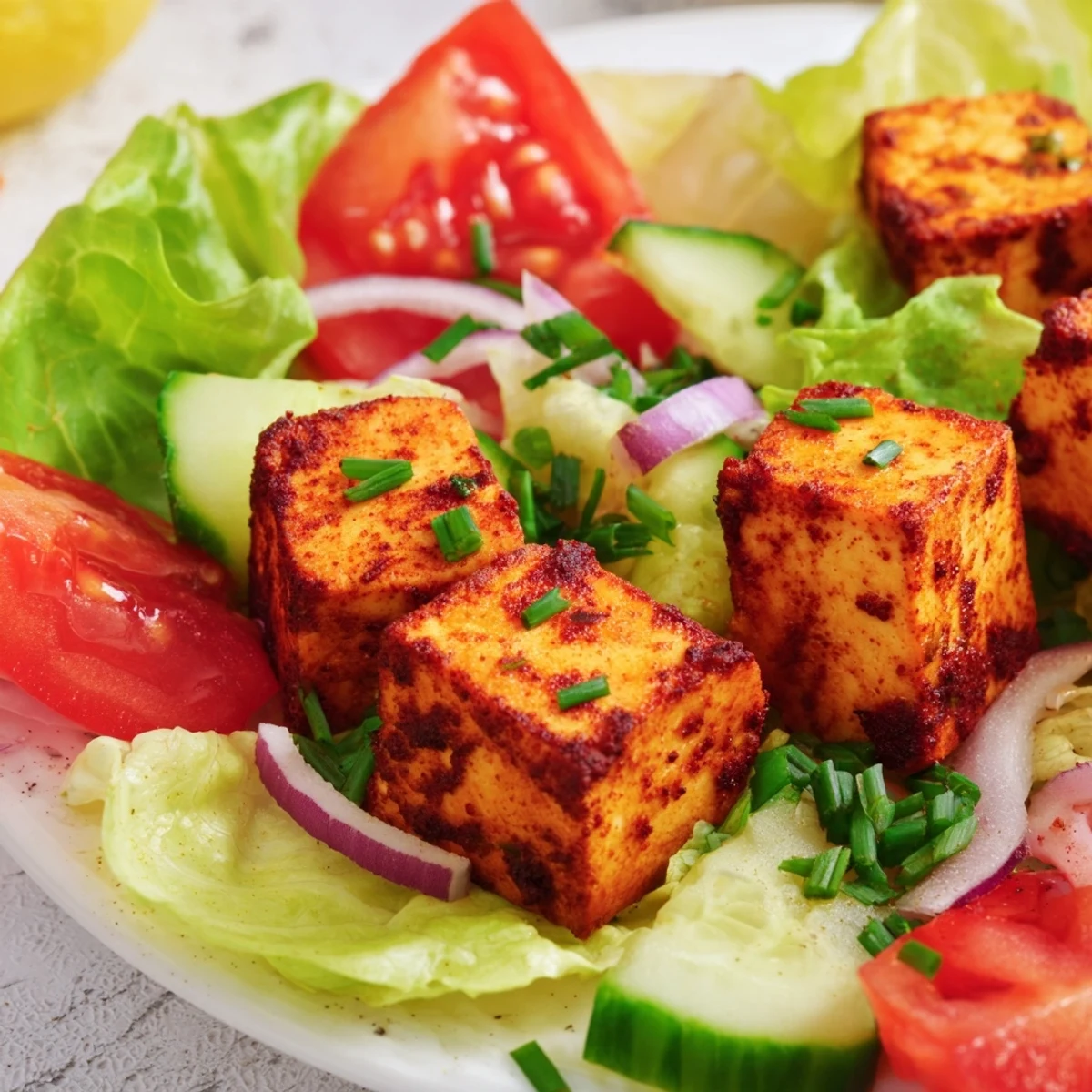 Vegan smoky tofu lettuce tomato bowl featuring warm seasoned tofu cubes over fresh crisp greens