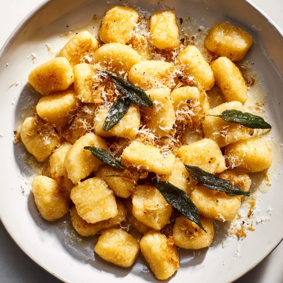 Plate of pillowy potato gnocchi coated in nutty brown butter sauce topped with crisp sage