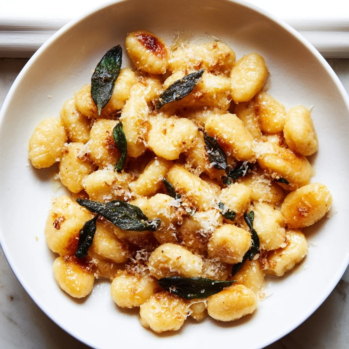 Golden brown butter sage gnocchi tossed with crispy fried sage leaves and grated Parmesan cheese