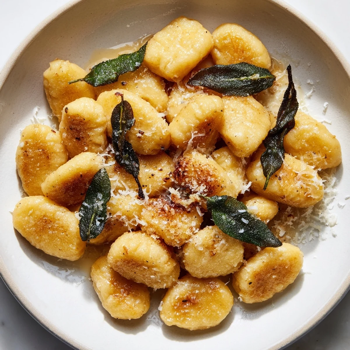 Creamy brown butter sage gnocchi dinner plated with fresh parmesan and aromatic fried sage leaves