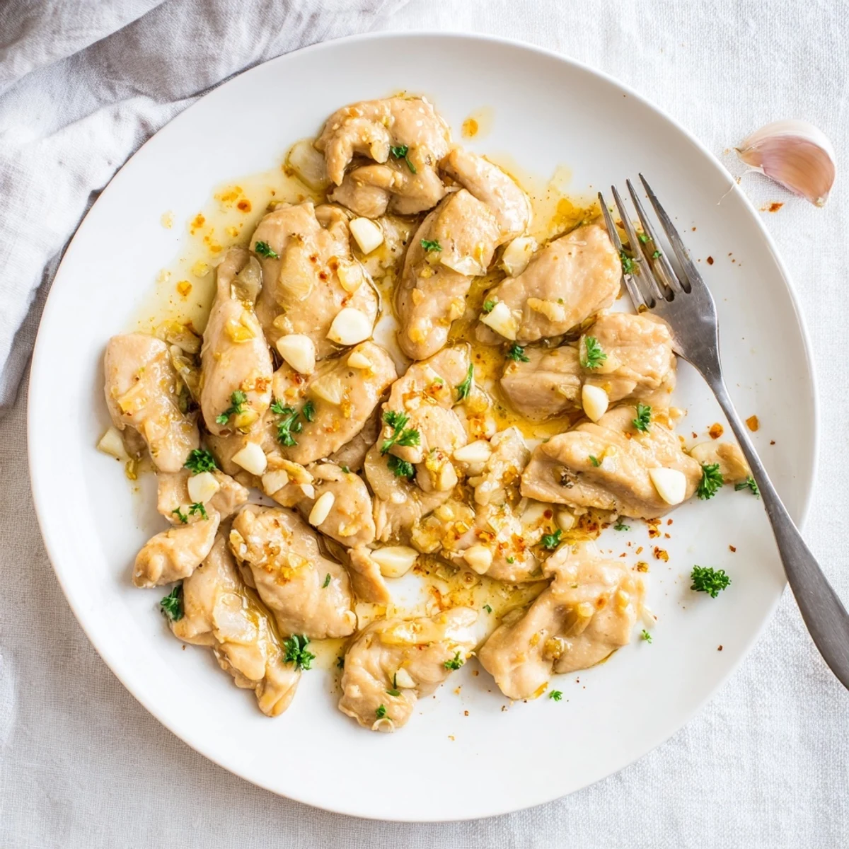 Golden chicken breasts slow cooking in crockpot with rich garlic butter sauce and fresh parsley garnish