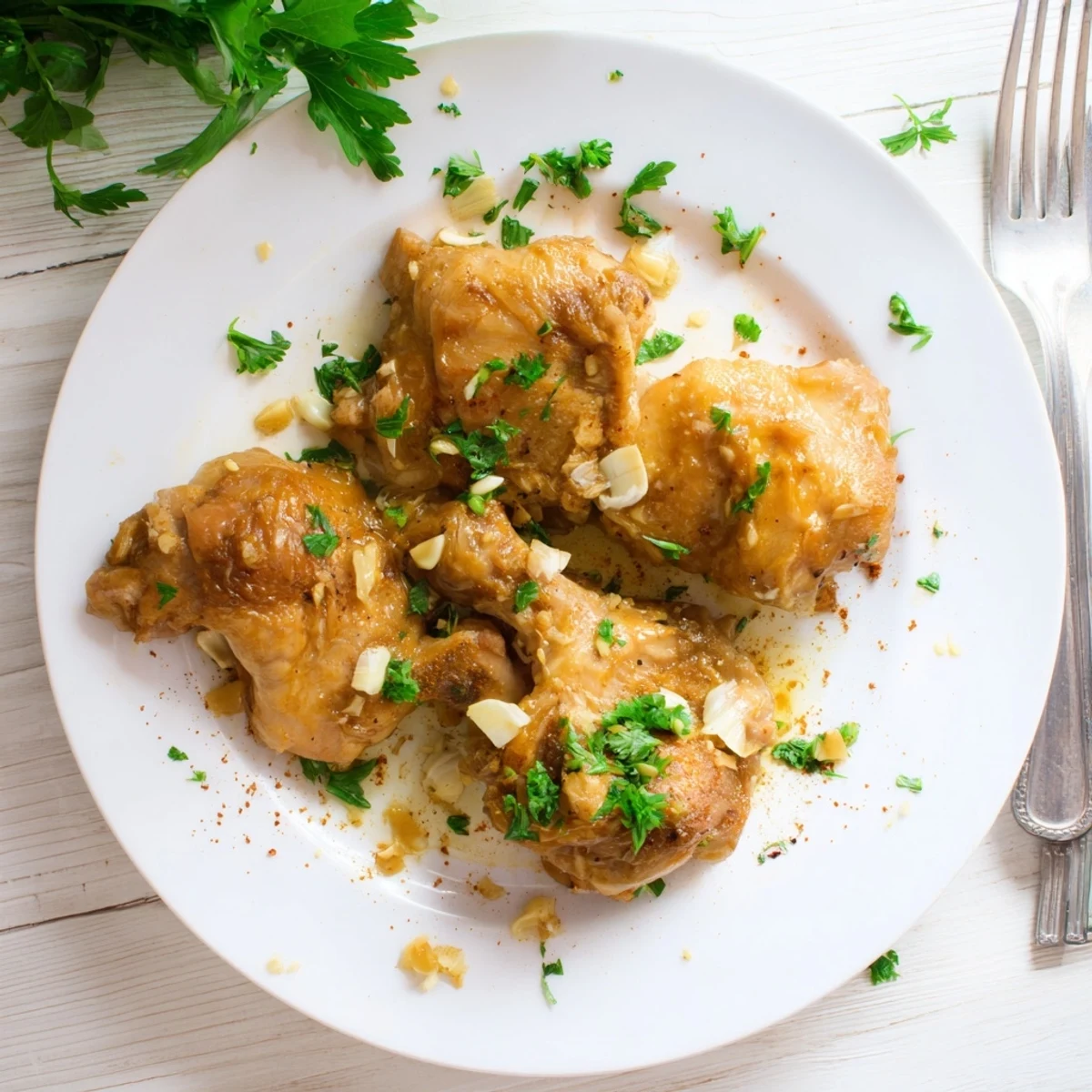 Melt-in-your-mouth chicken breasts coated in savory garlic butter sauce after slow cooking in crockpot
