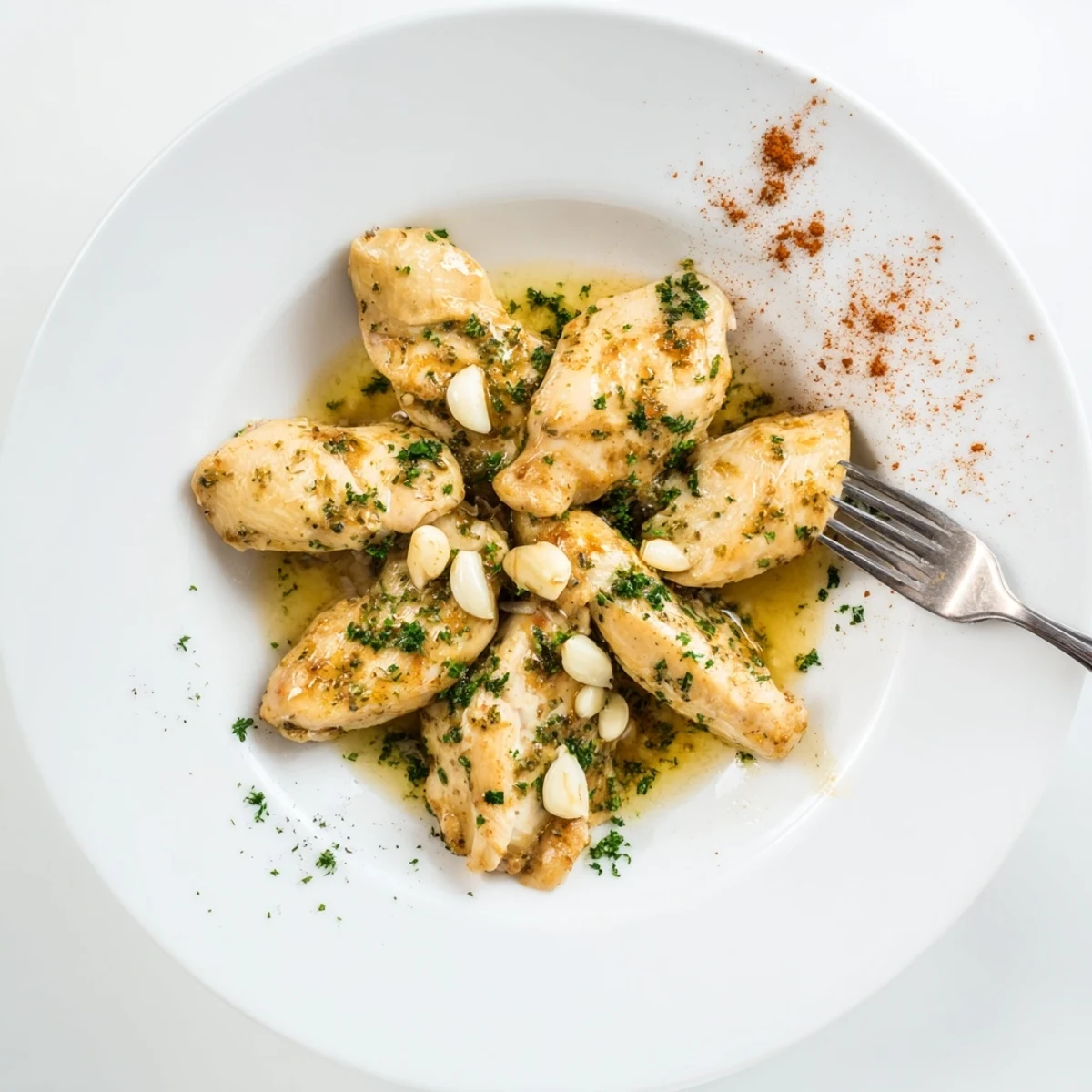 Tender garlic butter chicken crockpot meal served with lemon wedges on a white dinner plate