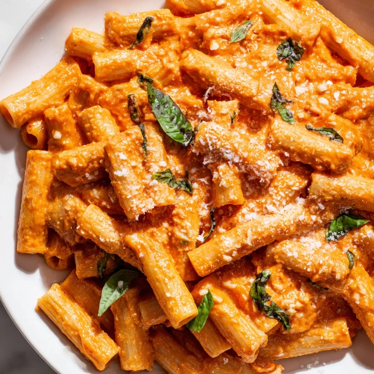 Creamy tomato garlic pasta tossed in rich velvety sauce topped with fresh basil leaves