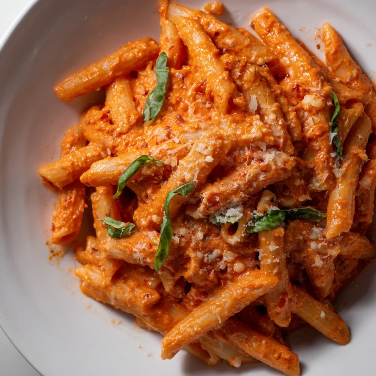 Steaming bowl of creamy tomato garlic pasta with grated Parmesan and fragrant garlic bits