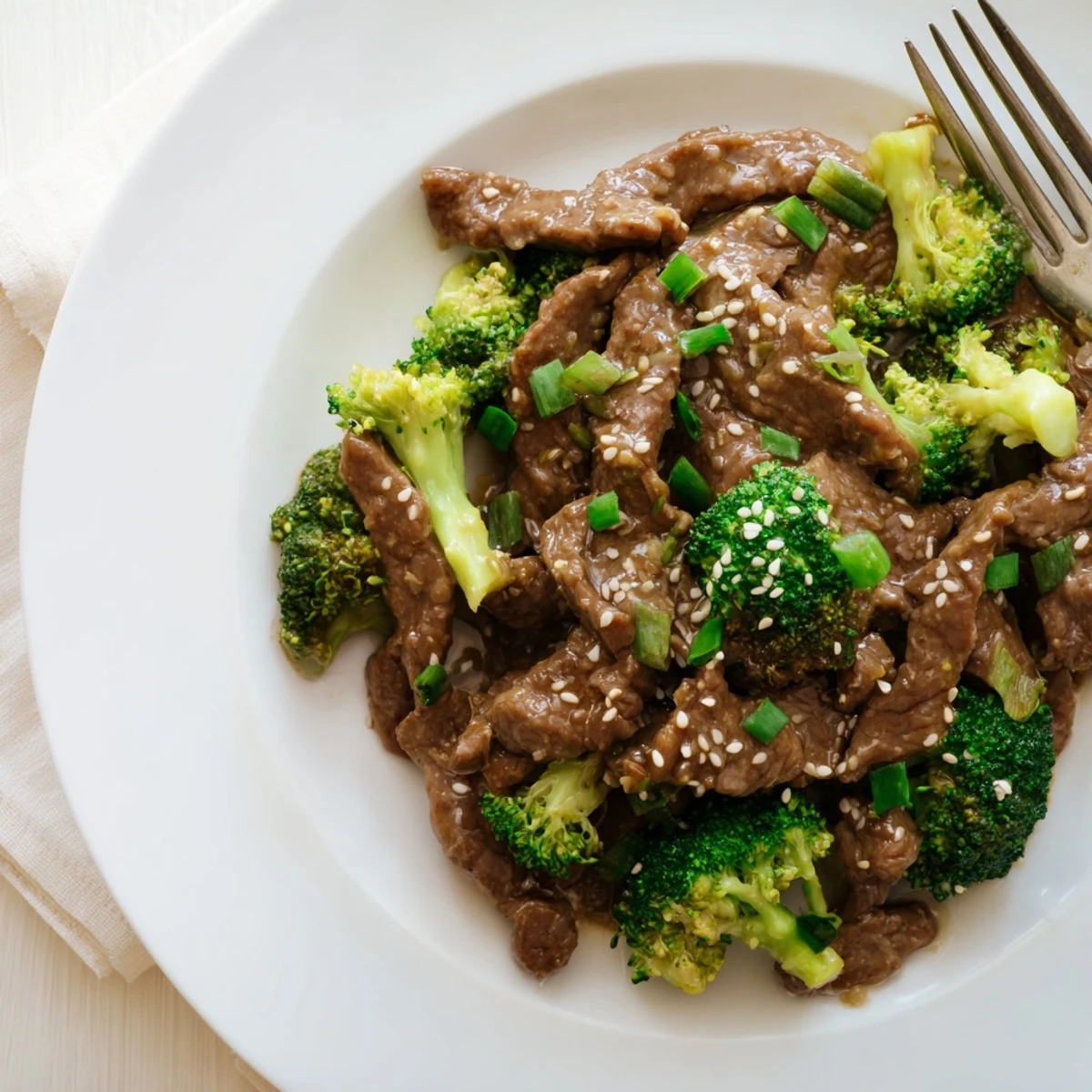 Golden slices of beef and bright green broccoli florets coated in a rich, glossy brown sauce