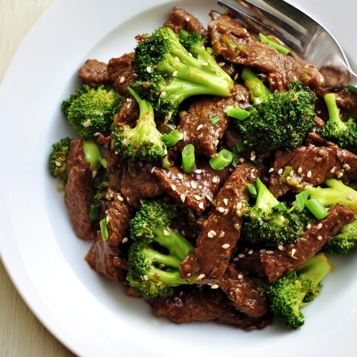 Plump beef pieces and fresh broccoli heads drizzled with thick sesame garlic sauce over white rice