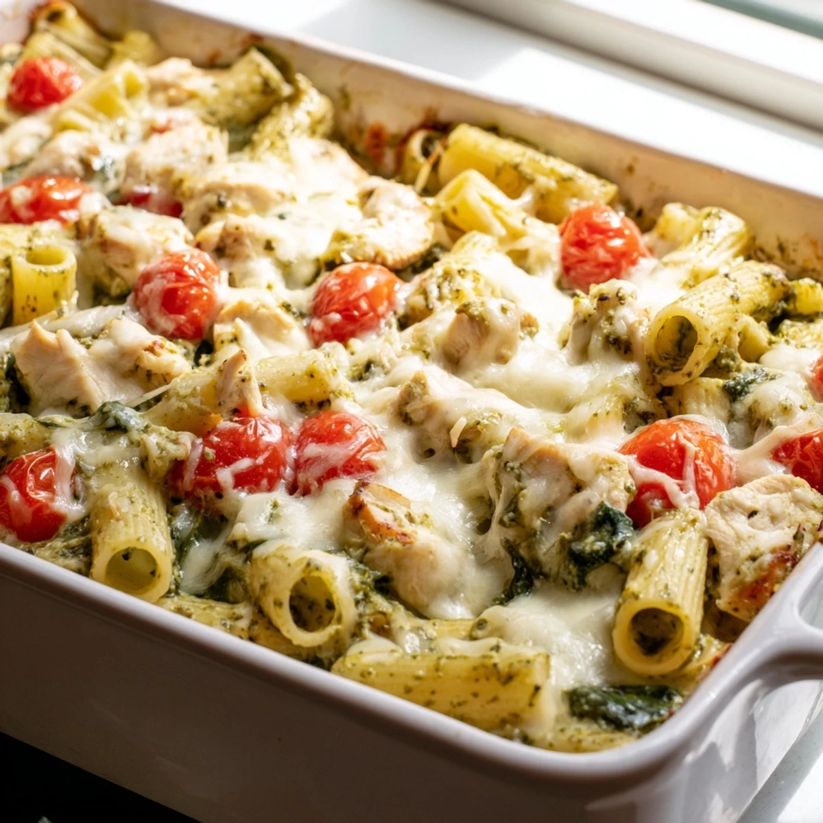 Baked pasta dish topped with melted mozzarella and fresh basil pesto sauce