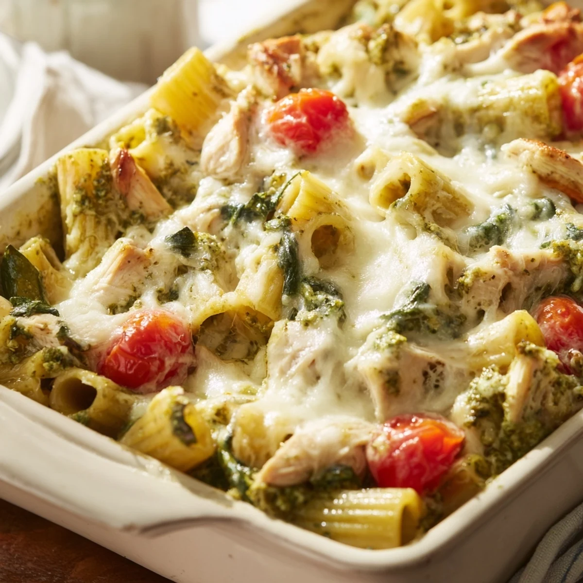Comforting chicken pesto pasta casserole with cherry tomatoes and golden cheese topping