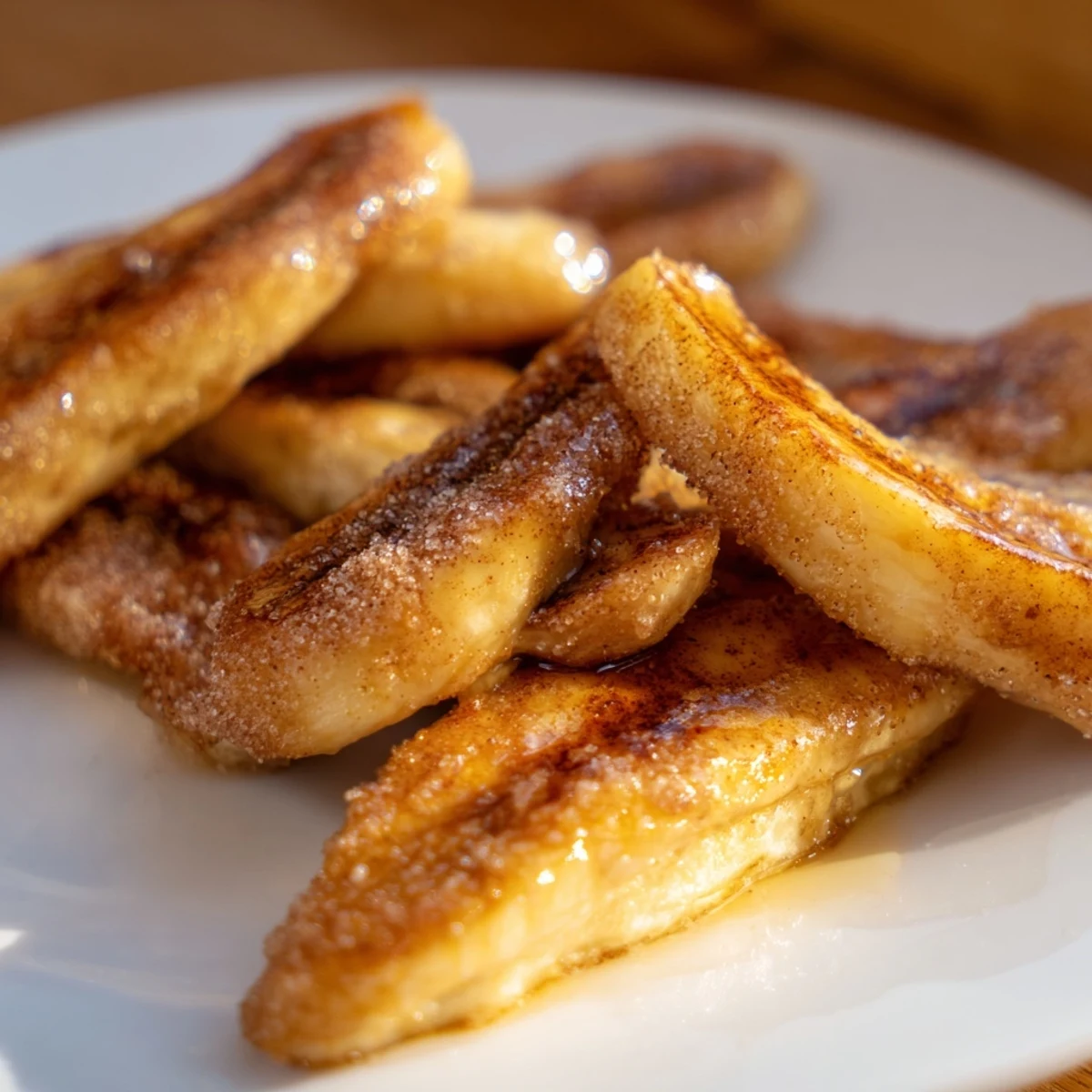 Golden pan fried cinnamon bananas sizzling in butter with caramelized edges