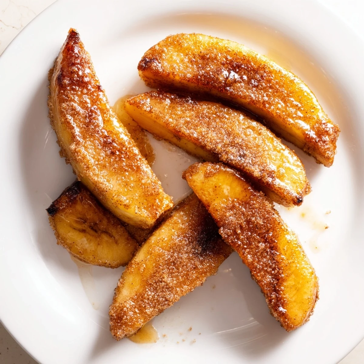 Crispy cinnamon coated banana slices frying until warm and tender