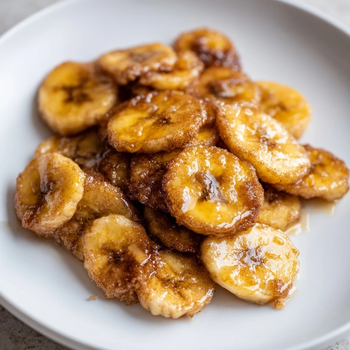 Sweet caramelized pan fried cinnamon bananas served on a white plate