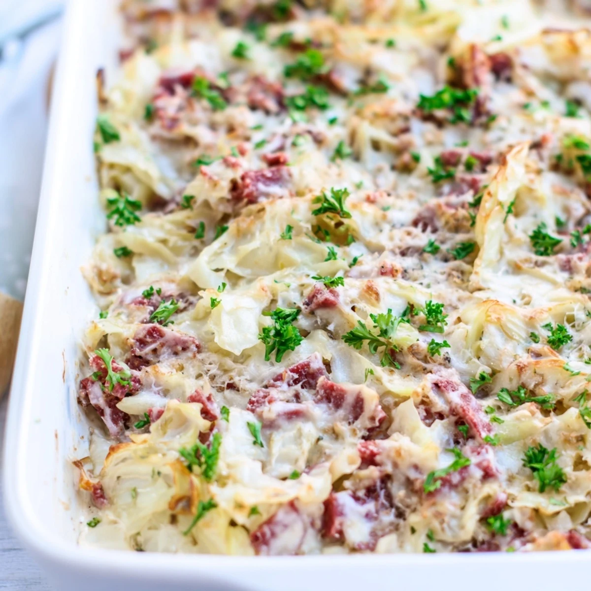 Golden bubbly creamy corned beef cabbage Parmesan bake fresh from oven with melted cheese topping
