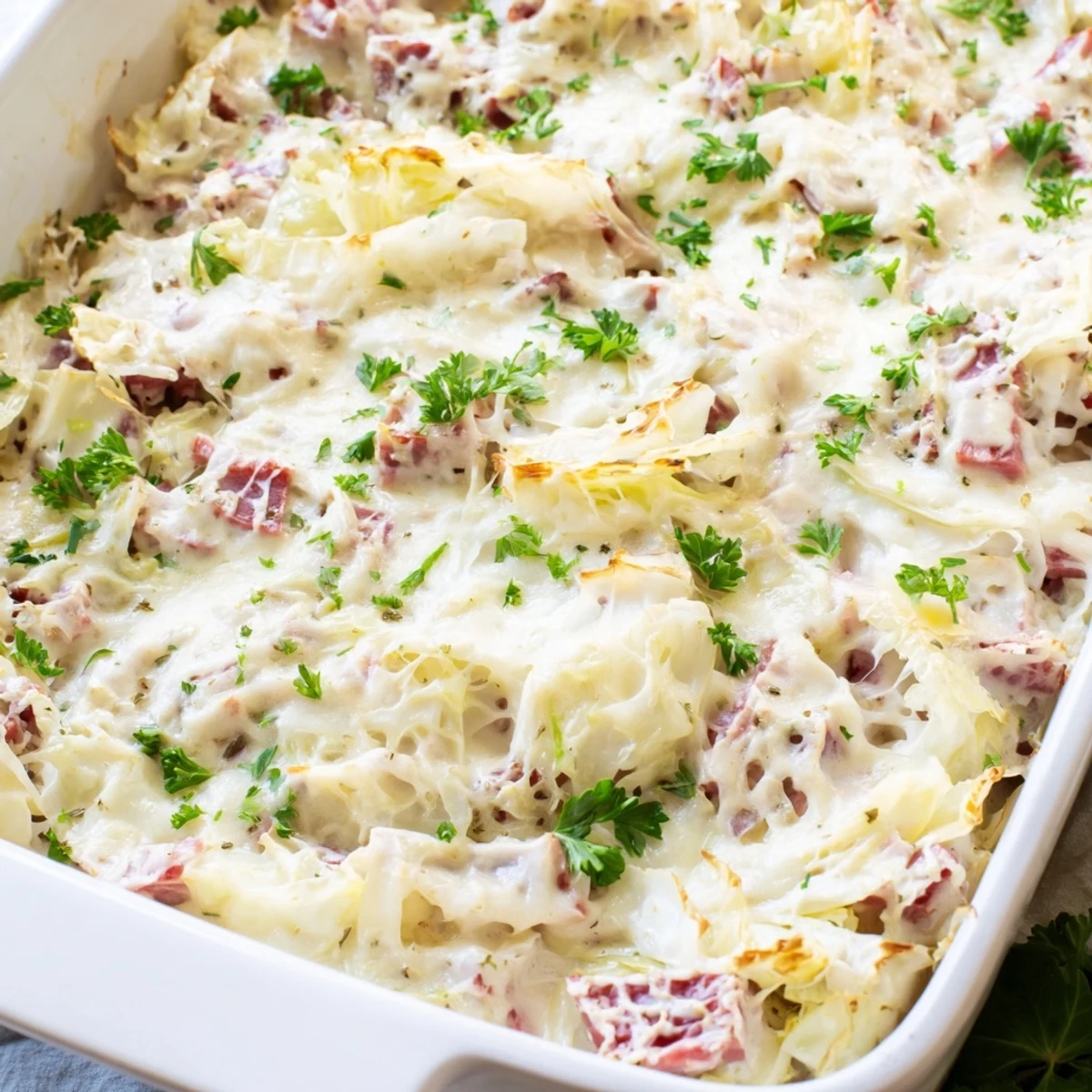Savory baked corned beef cabbage Parmesan casserole with golden crust and fresh parsley garnish on white serving dish