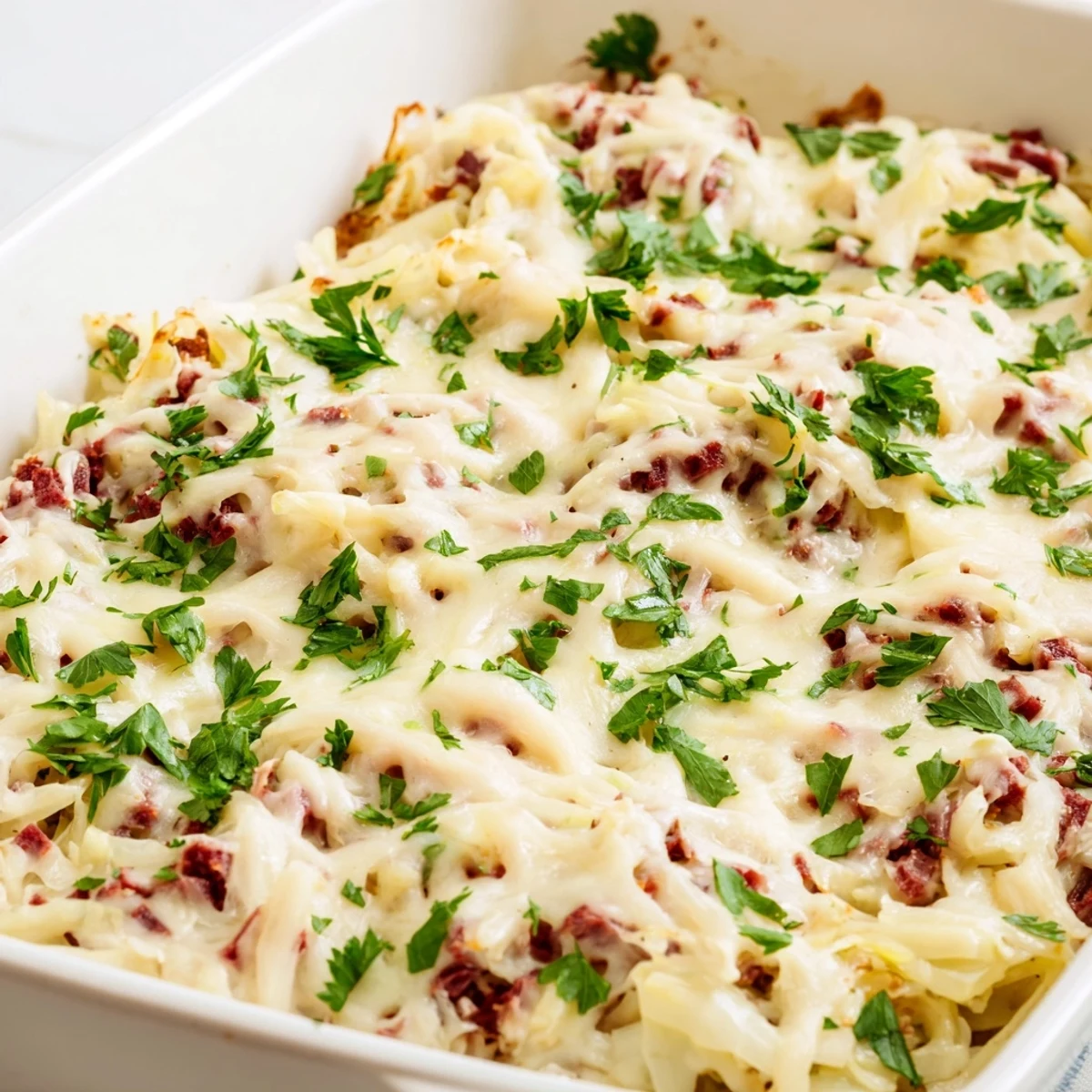 Hearty casserole dish featuring tender shredded cabbage corned beef in rich cream sauce under browned mozzarella
