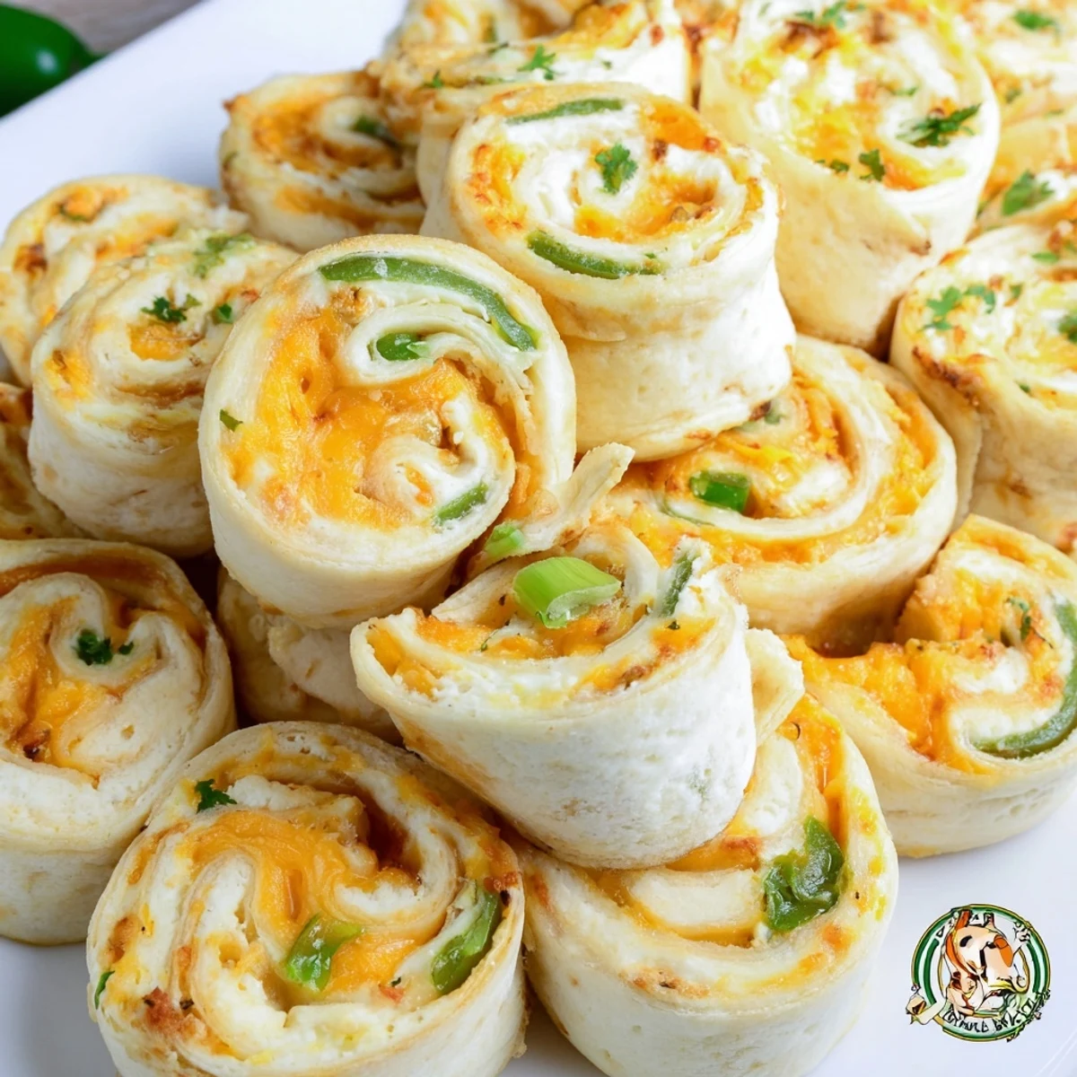 Golden baked easy jalapeño popper pinwheels arranged on a white serving platter with fresh cilantro garnish