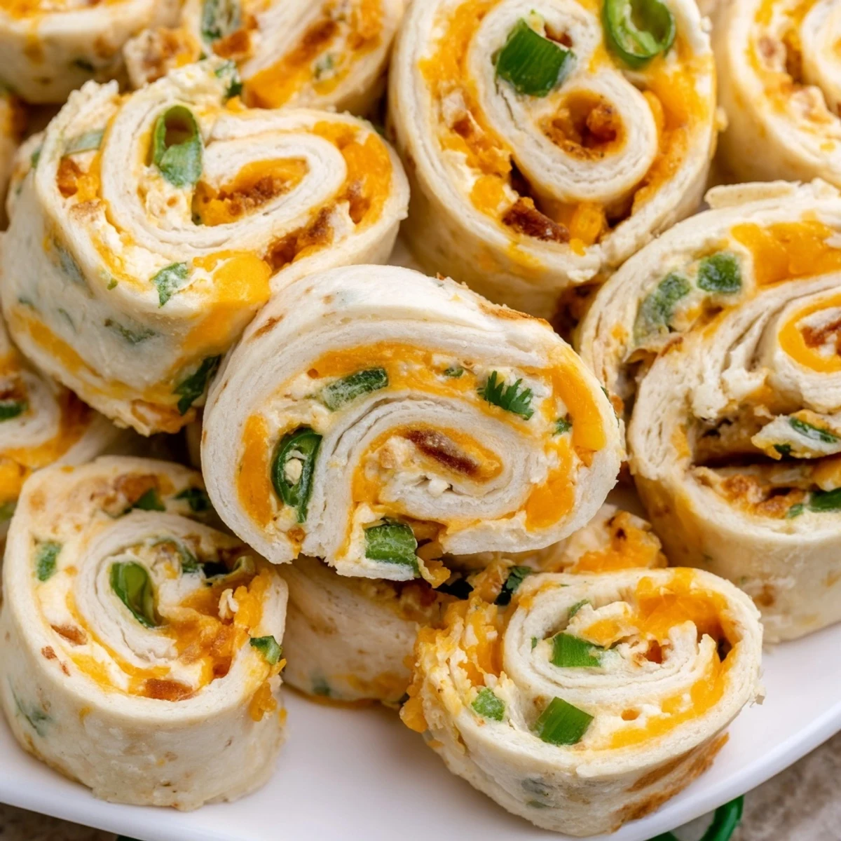 Close up of spiral sliced easy jalapeño popper pinwheels showing creamy cheese and green jalapeño filling