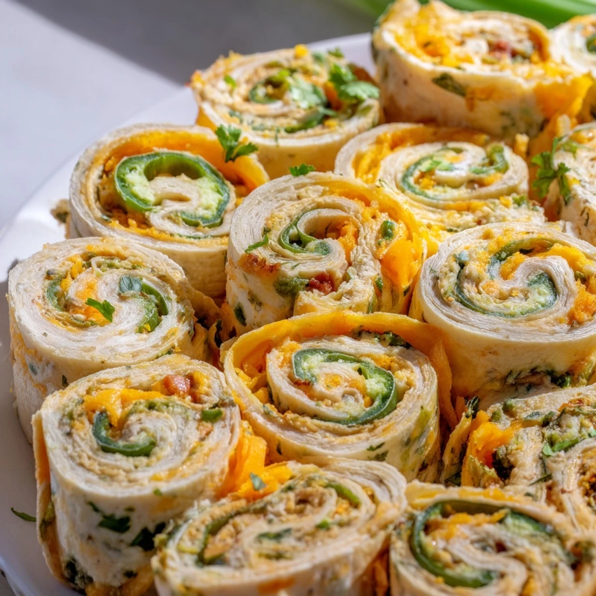 Warm appetizer tray of easy jalapeño popper pinwheels topped with melted cheddar and sliced green onions