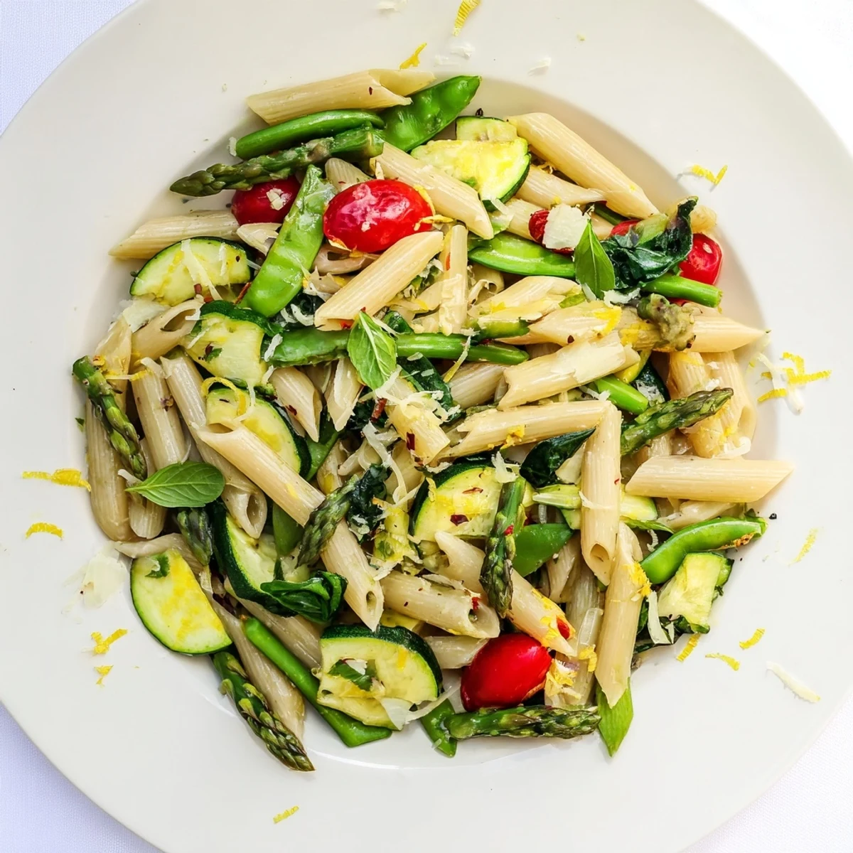 One pot spring vegetable pasta with tender asparagus, snap peas, and zucchini in a light lemon parmesan broth