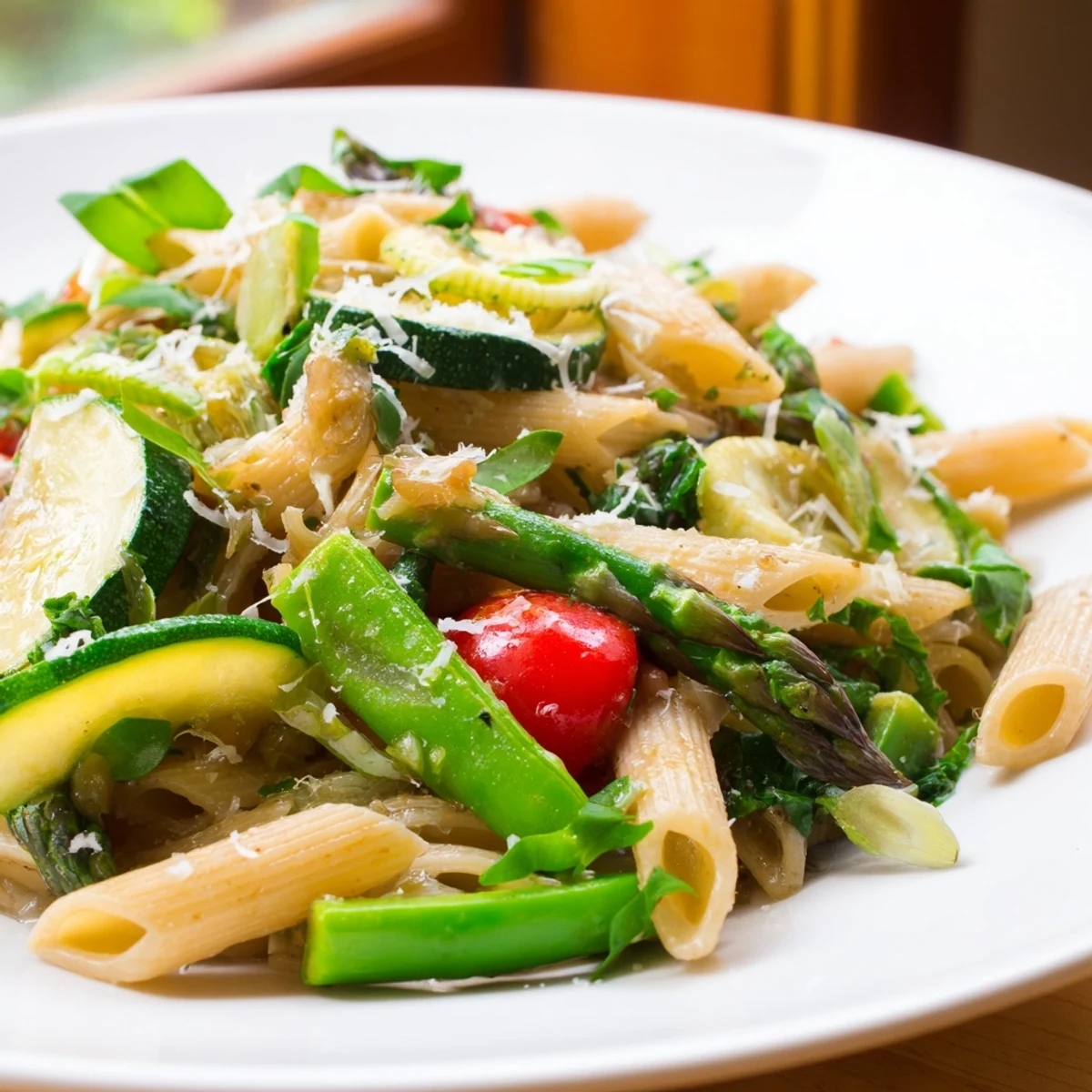 Creamy one pot spring vegetable pasta featuring colorful cherry tomatoes, spinach, and fresh herbs garnished on top
