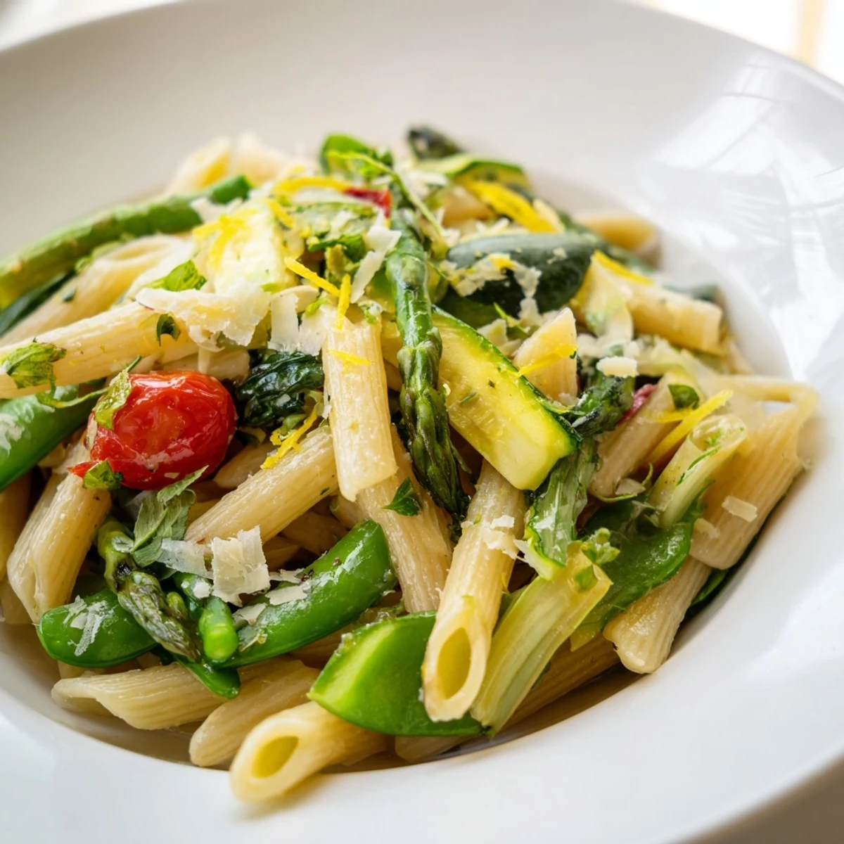 Vibrant one pot spring vegetable pasta tossed with tender spring vegetables and finished with lemon zest and parmesan cheese