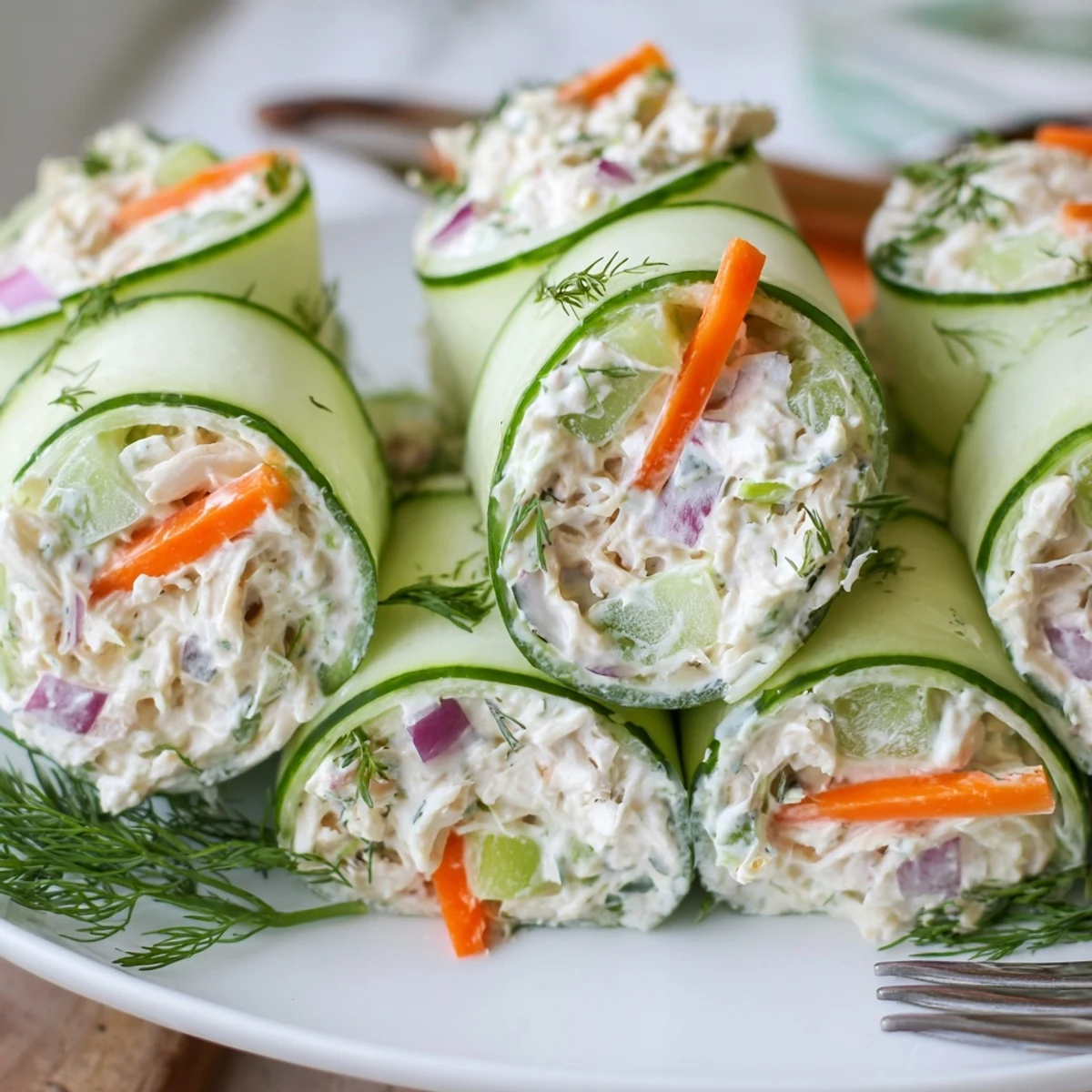 Fresh cucumber ribbon rolls wrapped around creamy chicken salad with dill and celery