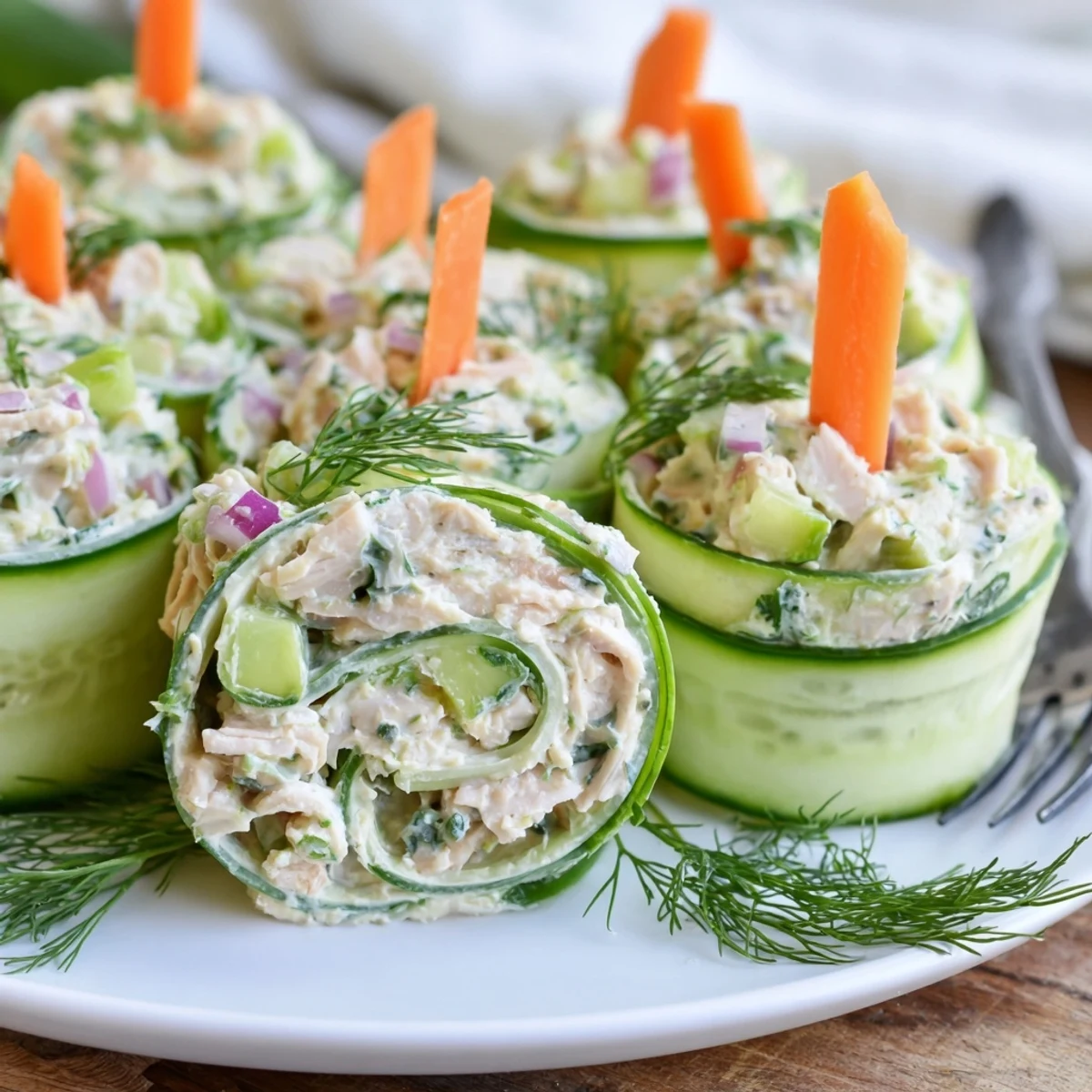 Crisp cucumber slices spiraling around savory chicken salad filling for bite-sized appetizers