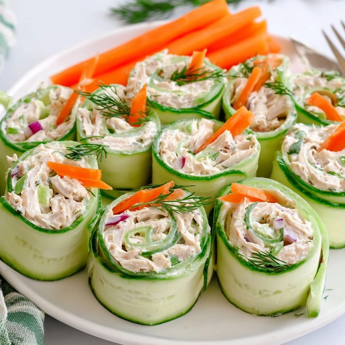 Cucumber roll ups stuffed with creamy chicken salad, garnished with fresh herbs and carrots