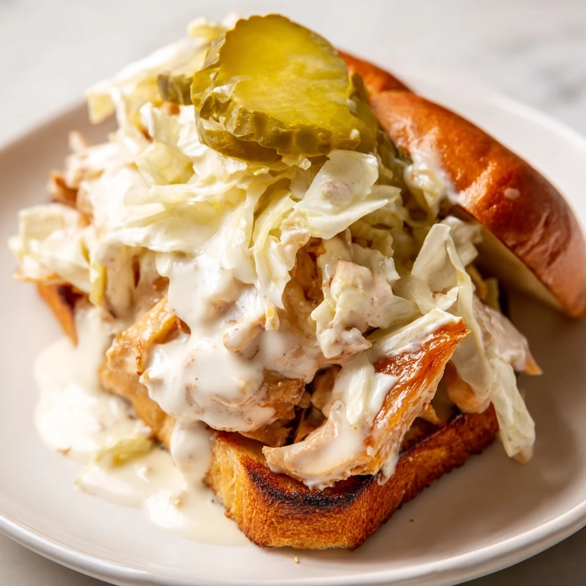 Juicy smoked chicken piled high on Alabama BBQ sandwich with tangy white sauce and crunchy cabbage slaw