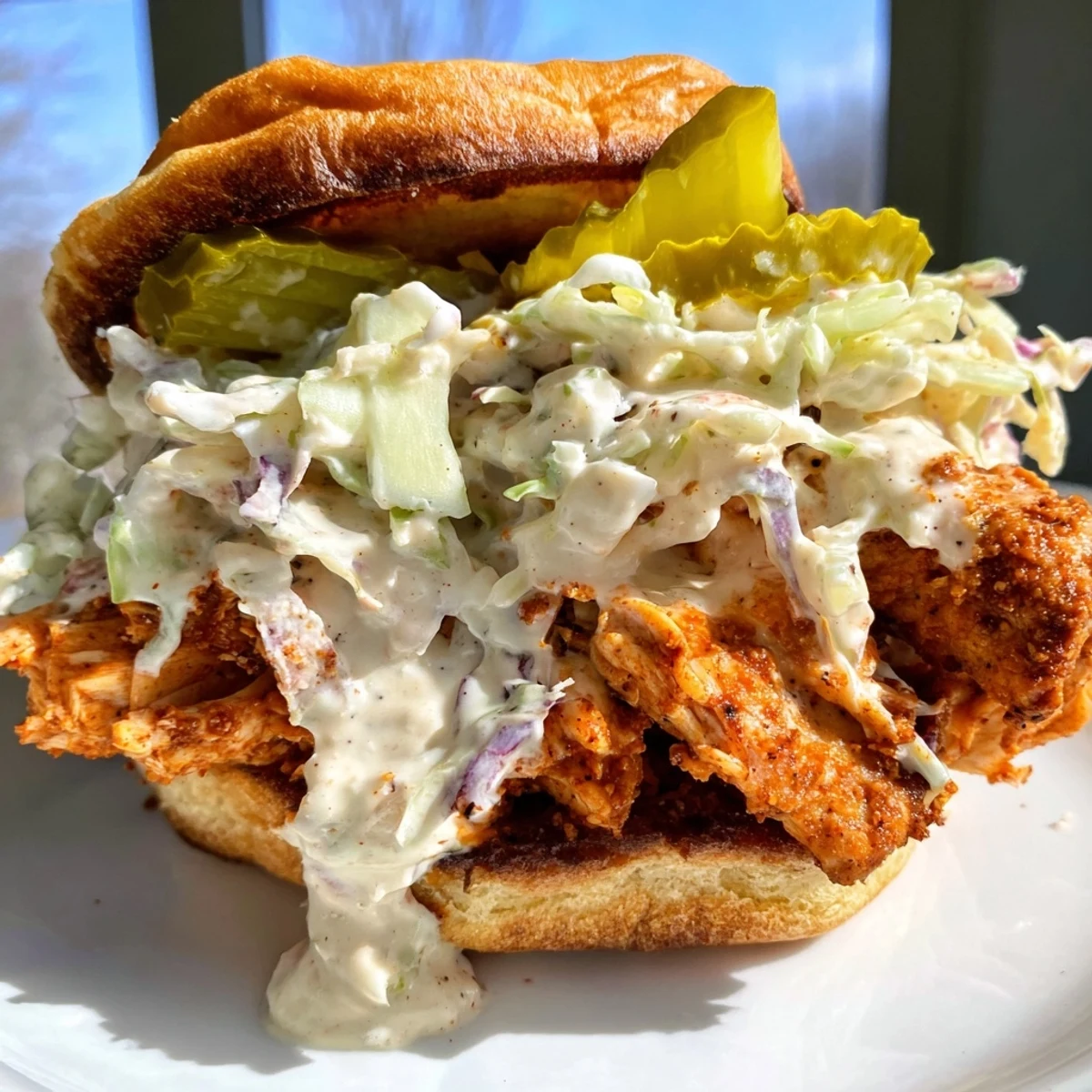 Hearty Alabama BBQ chicken sandwich featuring chopped meat in white barbecue sauce with fresh coleslaw and pickles