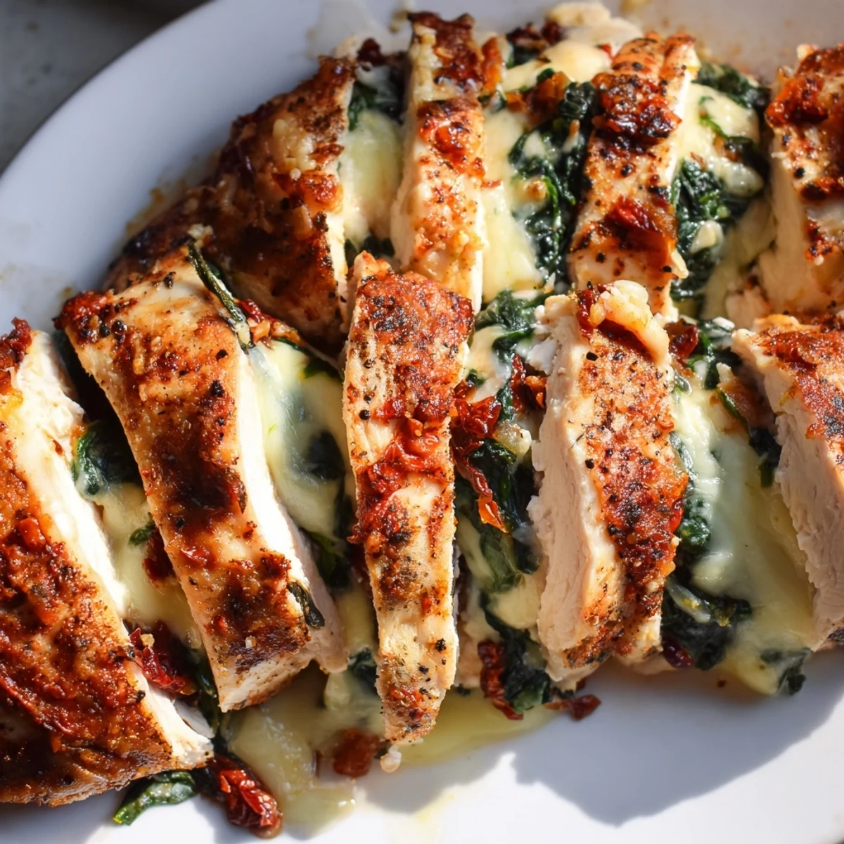 Golden Hasselback chicken stuffed with mozzarella spinach and sundried tomatoes on white plate