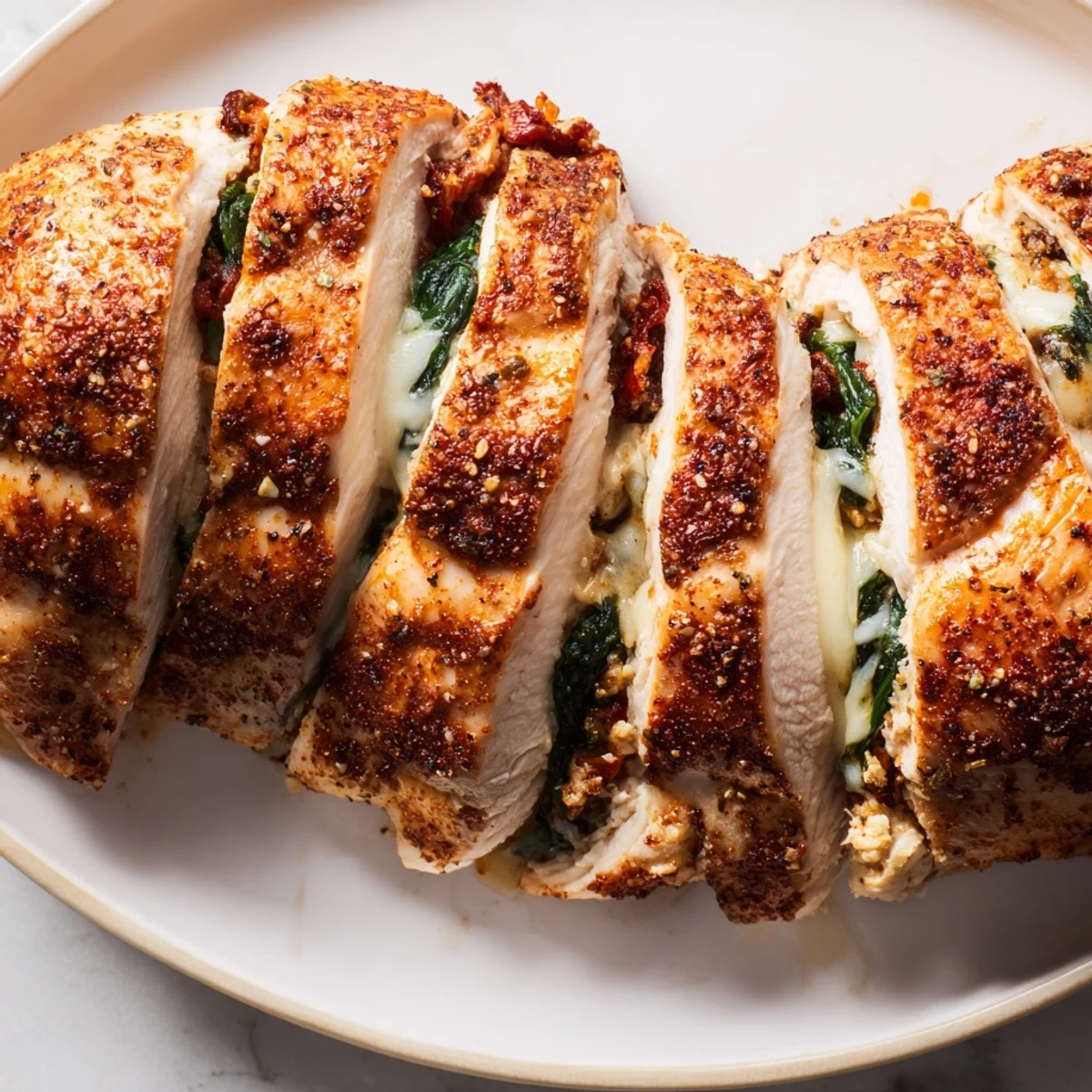 Sliced baked Hasselback chicken breasts with melted cheese filling and aromatic Italian herbs