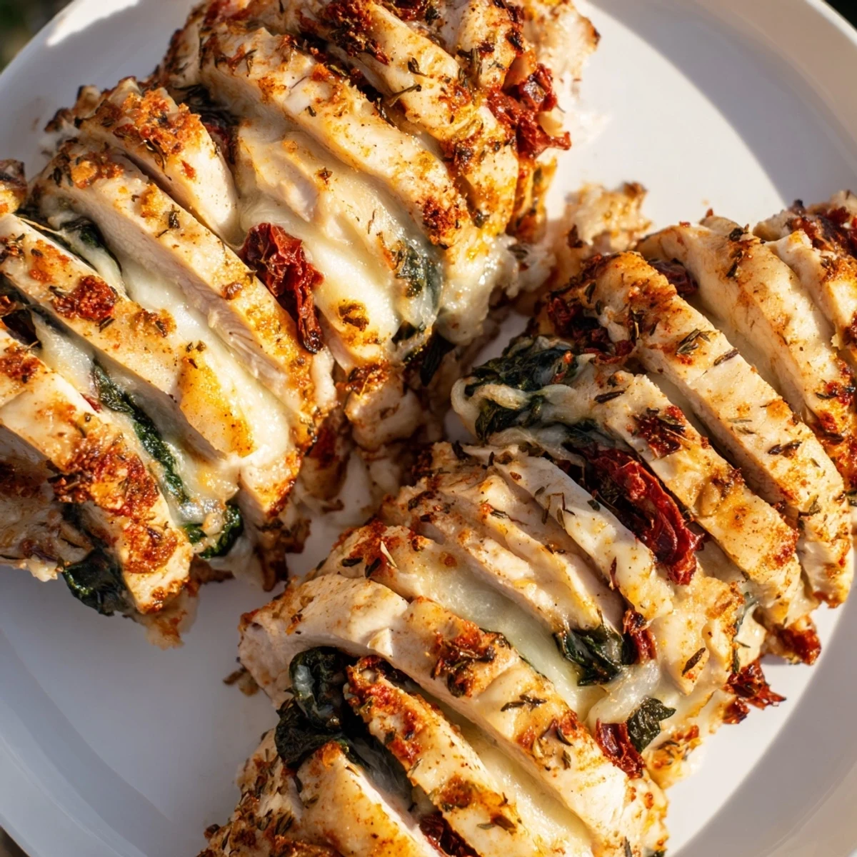 Juicy stuffed Hasselback chicken with bubbly mozzarella spinach sundried tomato filling baked golden brown