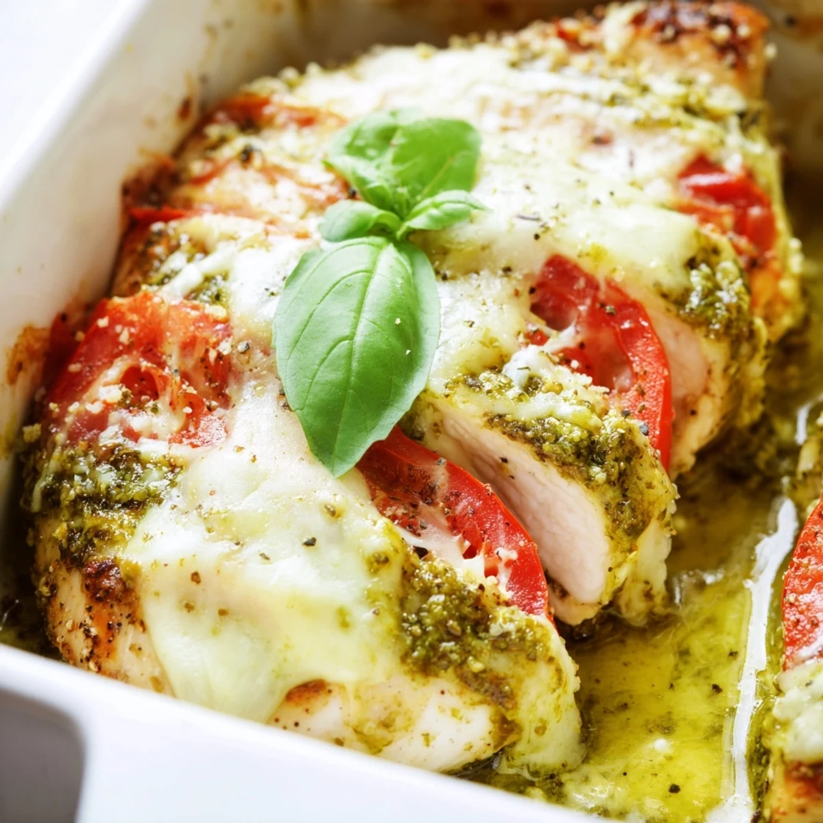 Juicy chicken breast topped with vibrant green pesto sauce and bubbling cheese fresh from the oven