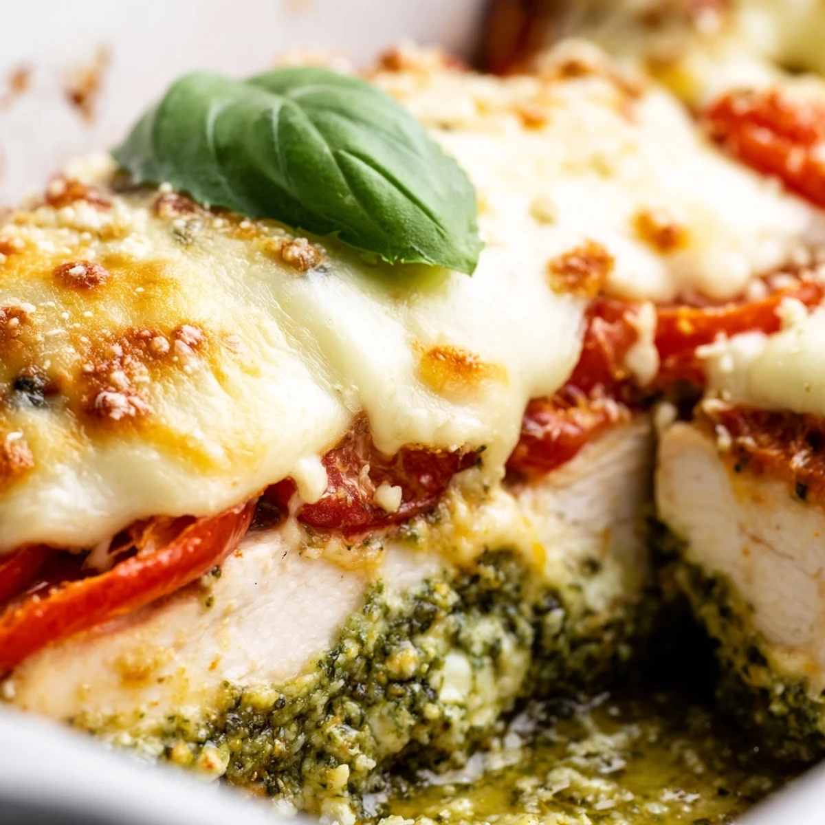 Golden baked pesto caprese chicken featuring melted mozzarella and ripe tomato slices on a white platter