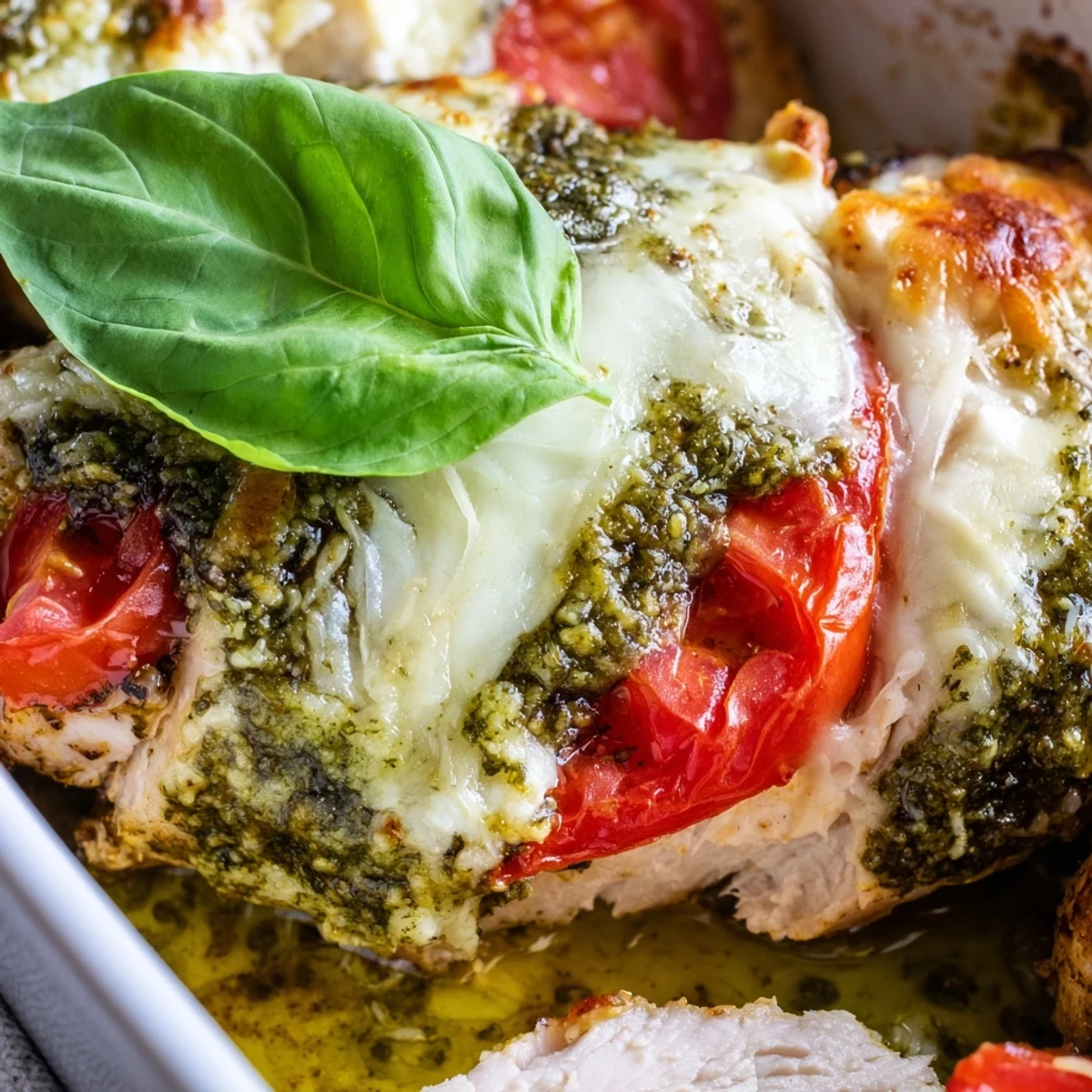 Classic Italian-style baked pesto caprese chicken garnished with fresh basil leaves and sliced tomatoes