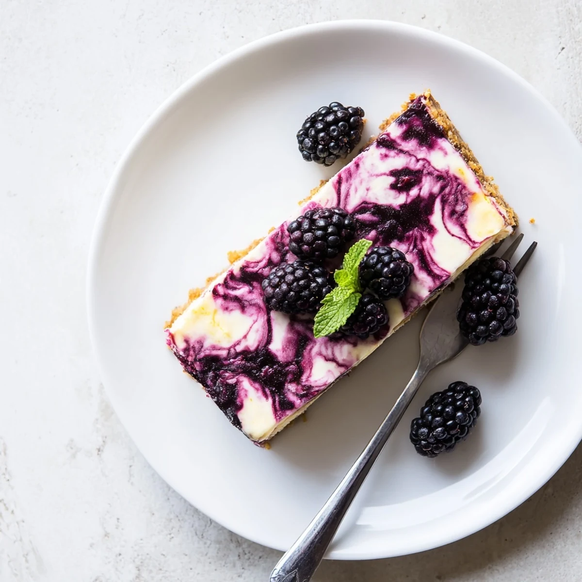 Creamy Blackberry Bliss Cheesecake slice topped with fresh berries and mint on white plate