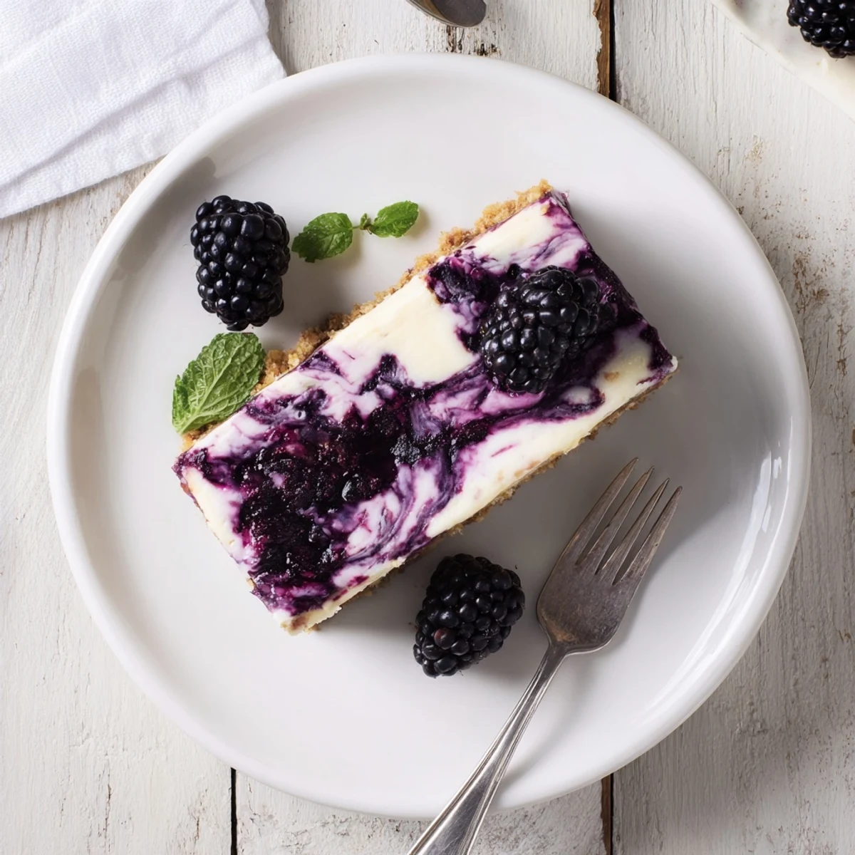 Indulgent Blackberry Bliss Cheesecake marbled with purple fruit puree and whipped cream