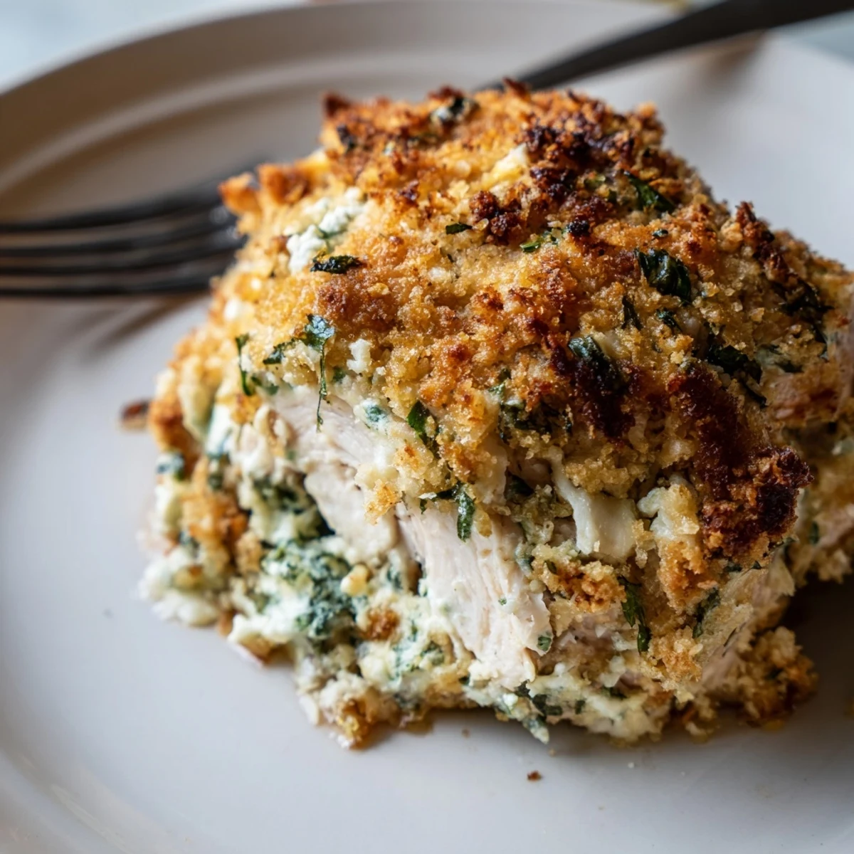Tender baked chicken breasts rolled around creamy herbed ricotta cheese filling with fresh parsley and basil