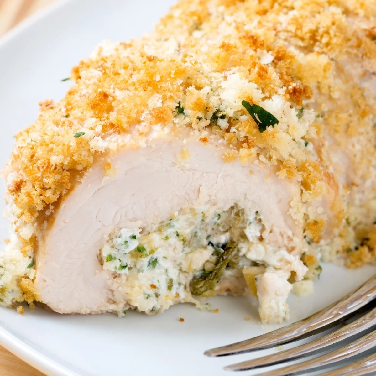 Golden brown herbed ricotta stuffed chicken rolls fresh from the oven with crispy breadcrumb topping
