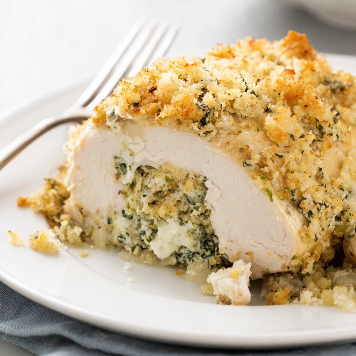 Plated herbed ricotta stuffed chicken rolls sliced to reveal the creamy white ricotta and green herb center