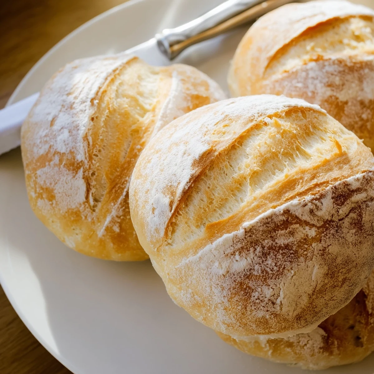 Warm artisan French bread rolls with crispy golden crusts served alongside creamy butter