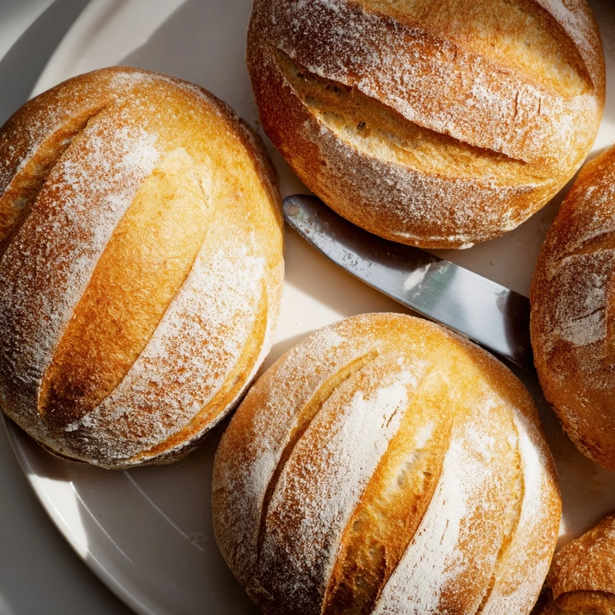 Golden homemade crusty French bread rolls fresh from the oven with flour-dusted tops