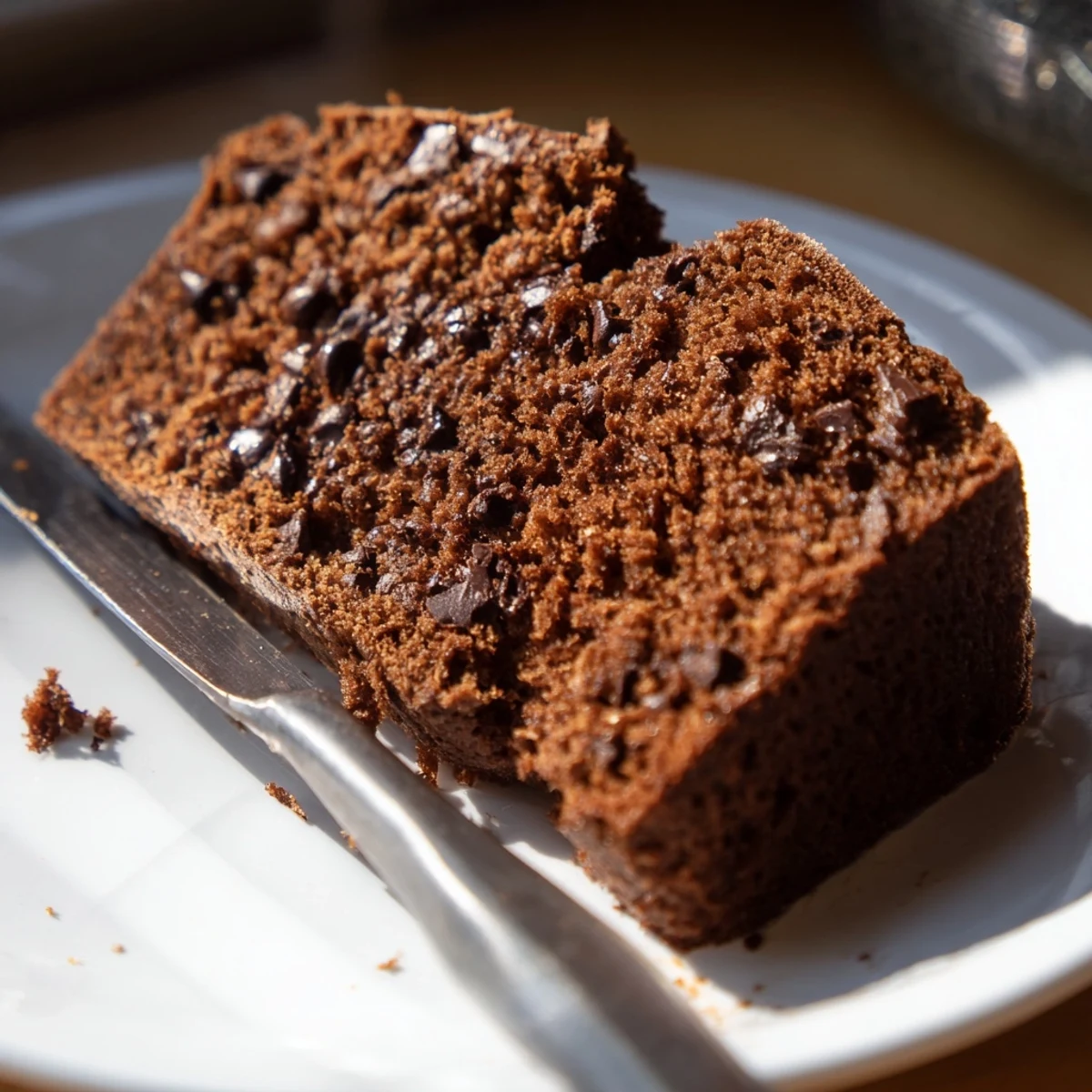 Moist chocolate espresso banana bread loaf topped with melted chocolate chips on a wooden board