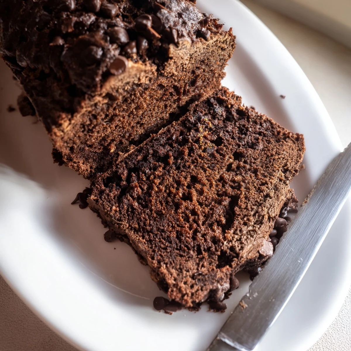 Freshly baked chocolate espresso banana bread cooling on wire rack with coffee mug nearby