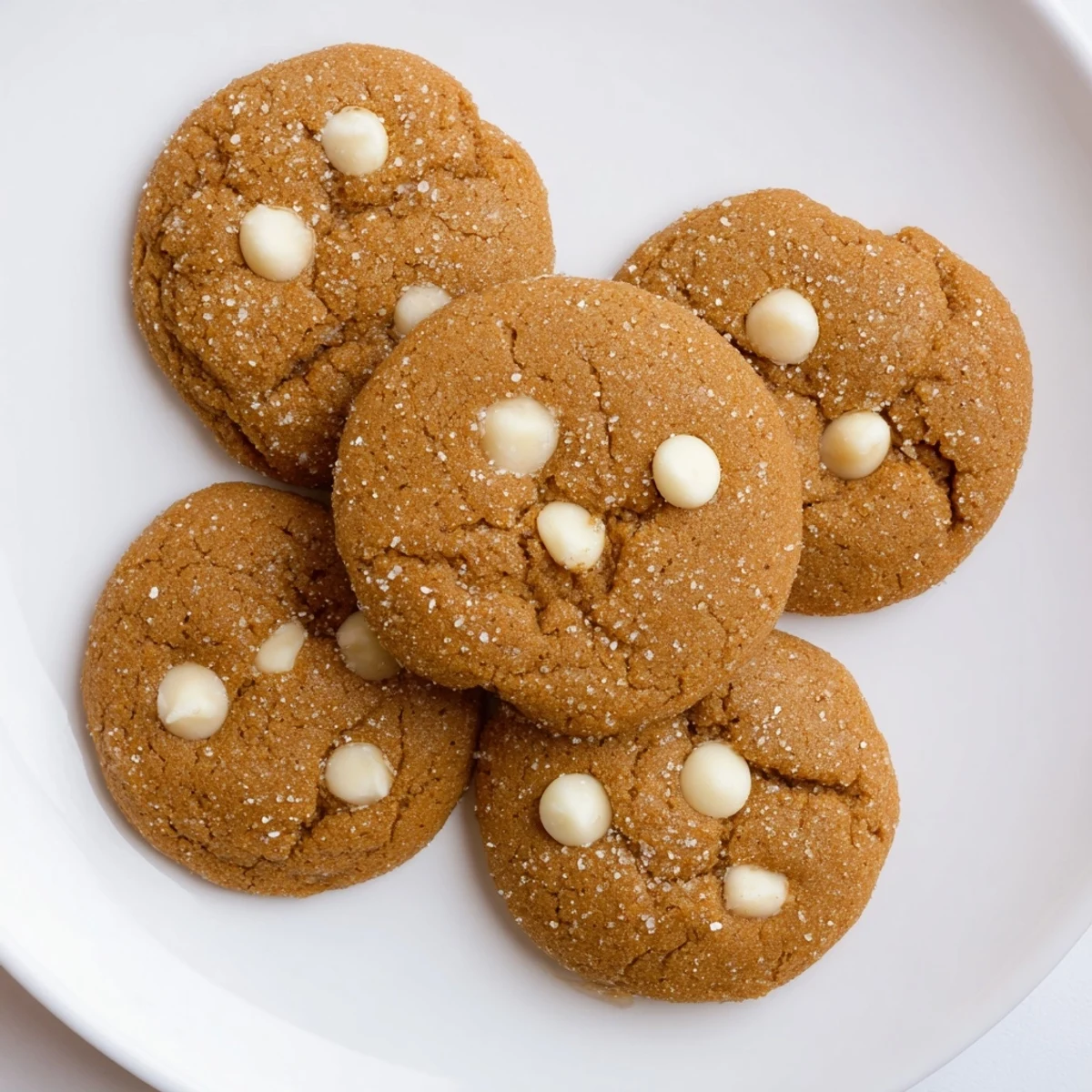 Soft bakery-style gingerbread white chocolate cookies with melty chips on a cooling rack